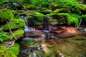 Peaceful view of summer river flowing through the green rocks
