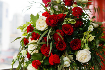 Red and white roses, bouquet on a white background with space for text