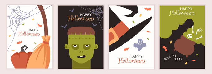 Fototapeta premium Halloween decor. Set of colorful templates for banners, posters, flyers, cards, invitations. Monsters, Pumpkin, Cauldron, zombie. Spooky Cartoon Vector Illustrations. Childrens holiday design.