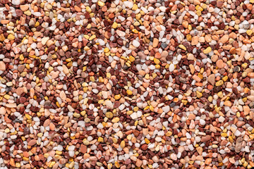 Multi-colored small river stones texture and background.