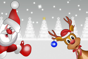 Weihnachtsgruß mit Winterlandschaft, Weihnachtsmann und Rentier mit Christbaumkugel am Geweih