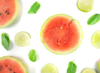 Fresh fruits. Healthy food. Fruit mix, watermelon and lime. Studio photography of various fruits on a white table.  Banner. Pattern. place for text. isolate