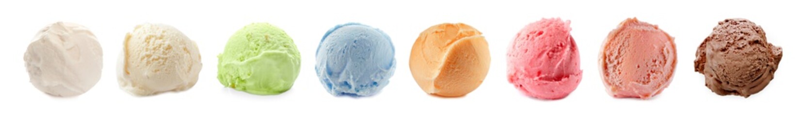 Set with scoops of different ice creams on white background. Banner design
