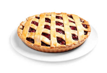 Delicious fresh cherry pie isolated on white