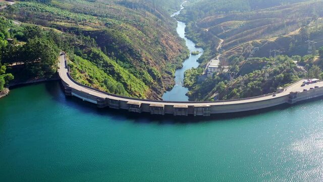 Aerial Flight over Castelo de Bode Dam and Z&ecirc;zere River Valley in Portugal