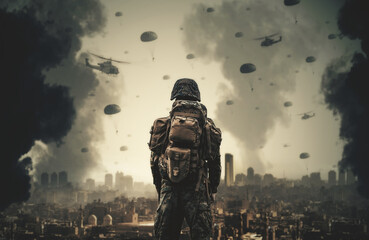 A soldier watching forces and helicopters in the sky top of destroyed city