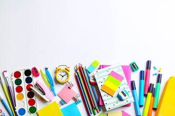 School stationery on white background, flat lay with space for text. Back to school