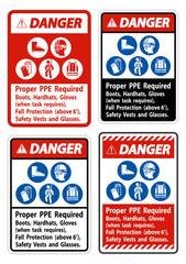Danger Sign Proper PPE Required Boots, Hardhats, Gloves When Task Requires Fall Protection With PPE Symbols