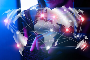 international cyberatack, cyberterrorism and worldwide hacking concept, hacker typing on keyboard