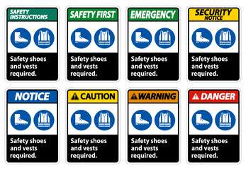 Safety Shoes And Vest Required With PPE Symbols on white background
