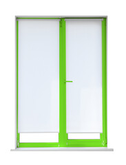 Modern plastic window with bright green frame on white background