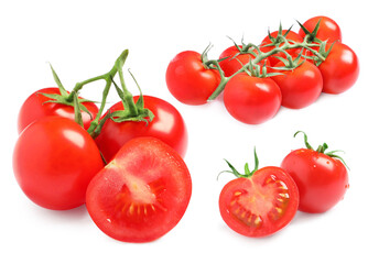 Set of ripe red tomatoes on white background