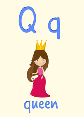 Learning English alphabet. Card with letter Q and queen, illustration