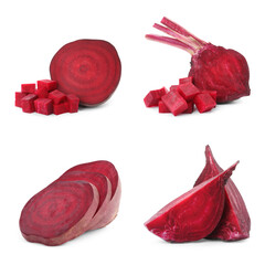 Set of cut fresh beets on white background