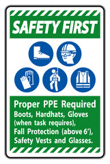 Safety First Sign Proper PPE Required Boots, Hardhats, Gloves When Task Requires Fall Protection With PPE Symbols