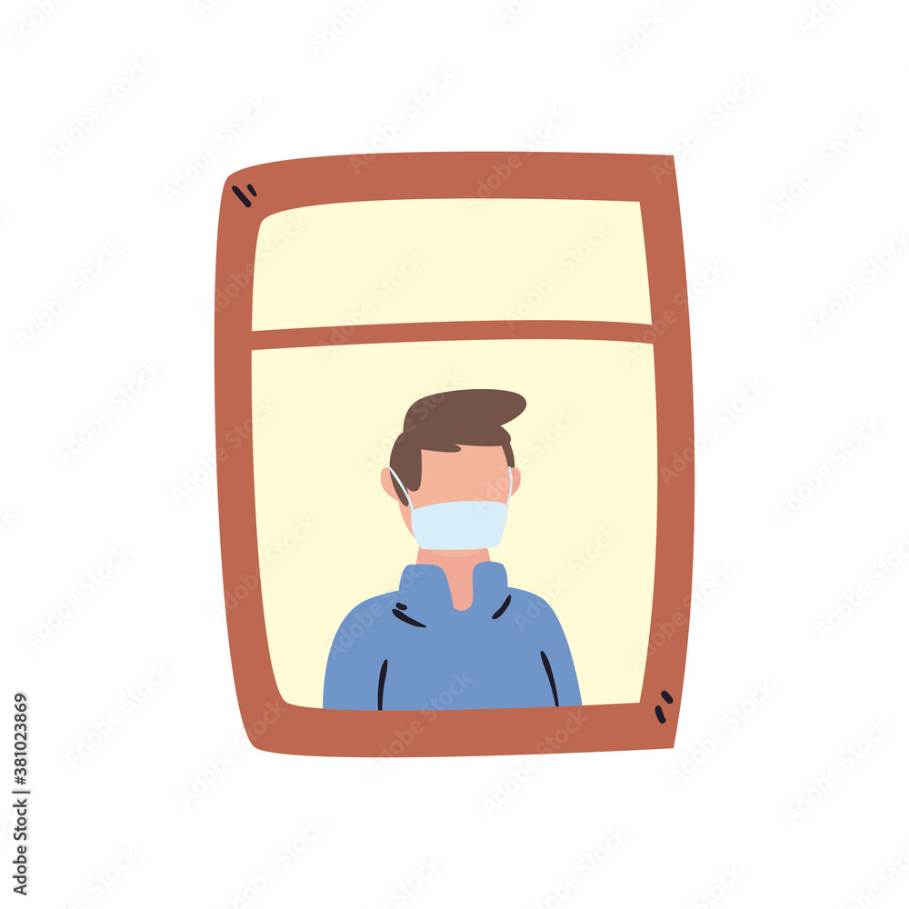 Poster man with medical mask at window free form style icon vector design