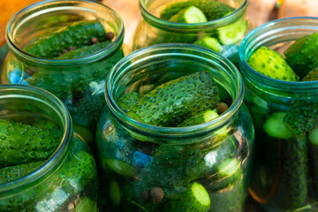 jars of cucumbers close-up, canning gherkins for the winter