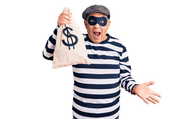 Senior handsome man wearing burglar mask holding money bag celebrating victory with happy smile and...