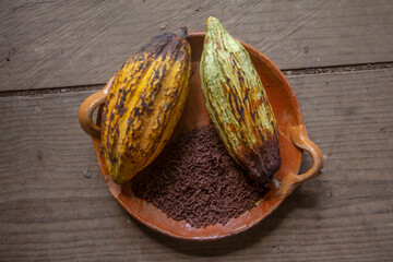 Vainas de cacao molido sobre bandeja de barro sobre mesa de madera chocolate
