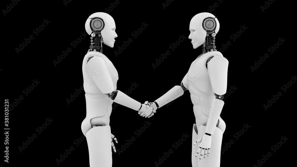 Aufkleber futuristic robot handshake , artificial intelligence cgi on black background . robotic man 3d render