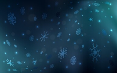 Fototapeta na wymiar Dark BLUE vector layout with bright snowflakes. Decorative shining illustration with snow on abstract template. The pattern can be used for new year ad, booklets.