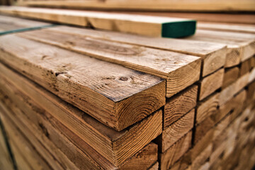 Super close up macro of pallet of 2x4 studs for house framing - lumber sitting on the sidewalk of a...