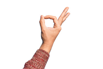 Hand of caucasian young man showing fingers over isolated white background gesturing approval...