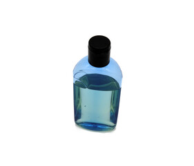 Blue bottle with transparent liquid on white background plate