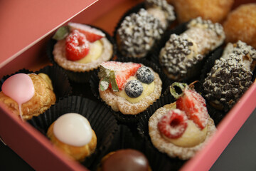 Pink bakery box assorted desserts pastries