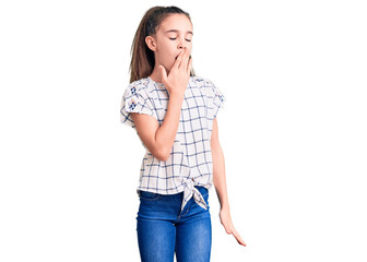 Fototapeta premium Cute hispanic child girl wearing casual clothes bored yawning tired covering mouth with hand. restless and sleepiness.