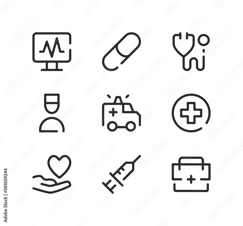 Poster emergency care line icons set. modern graphic design concepts, black stroke linear symbols, simple o