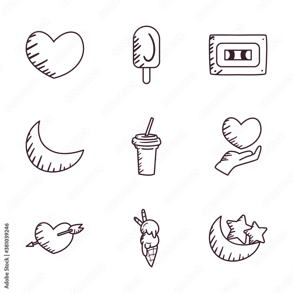 Poster pop art line style icons collection vector design
