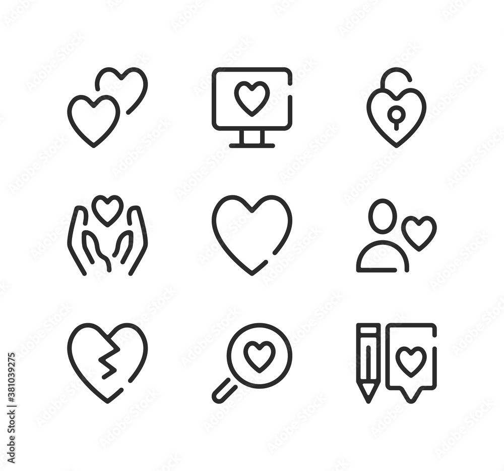 Poster love line icons set. modern graphic design concepts, black stroke linear symbols, simple outline ele