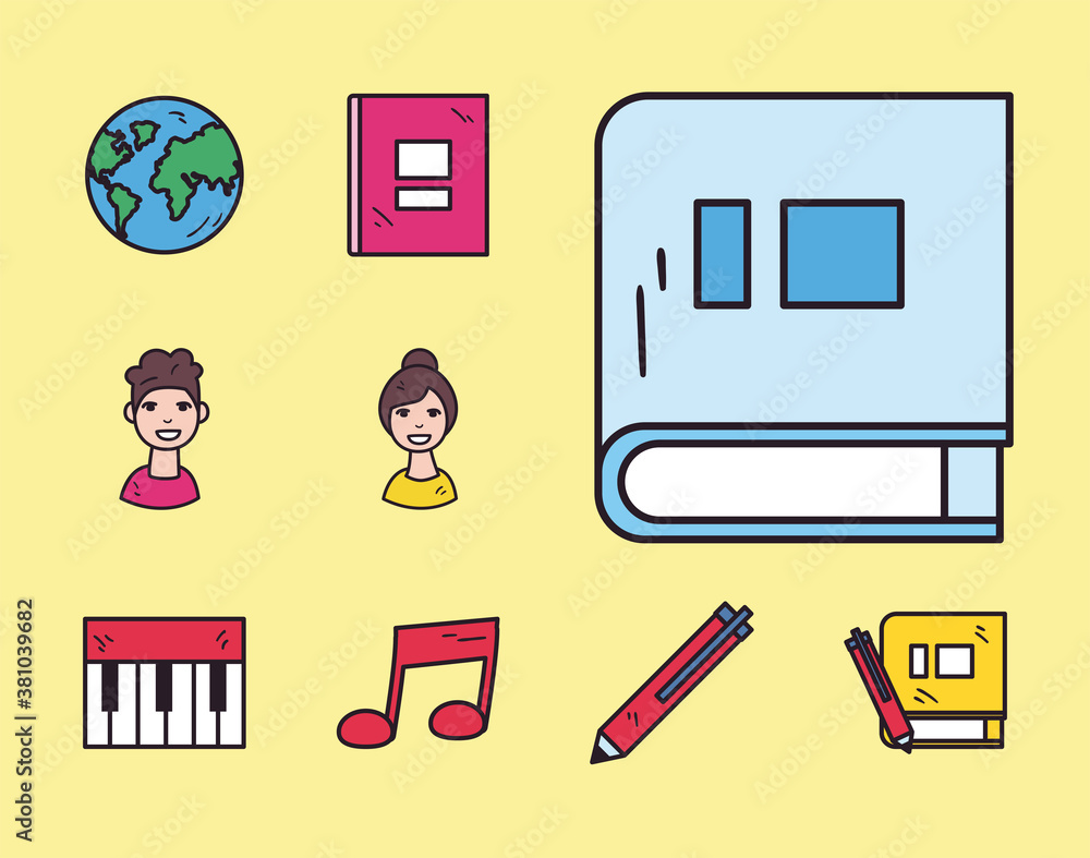 Poster school line and fill style set icons vector design