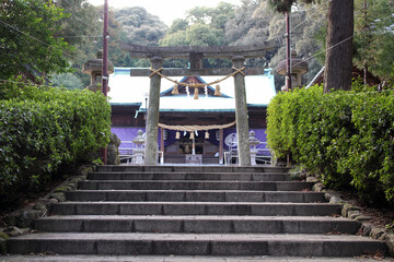 Stairs and torii gate of Honoohonome Jinja Shrine in Beppu