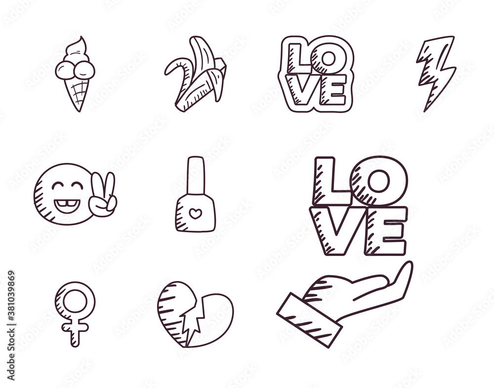 Poster pop art line style set icon vector design