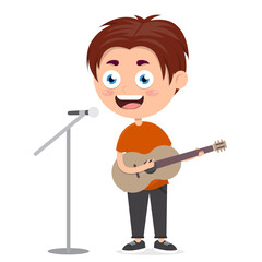 little boy singing and playing guitar, music performance by kid, cartoon vector illustration