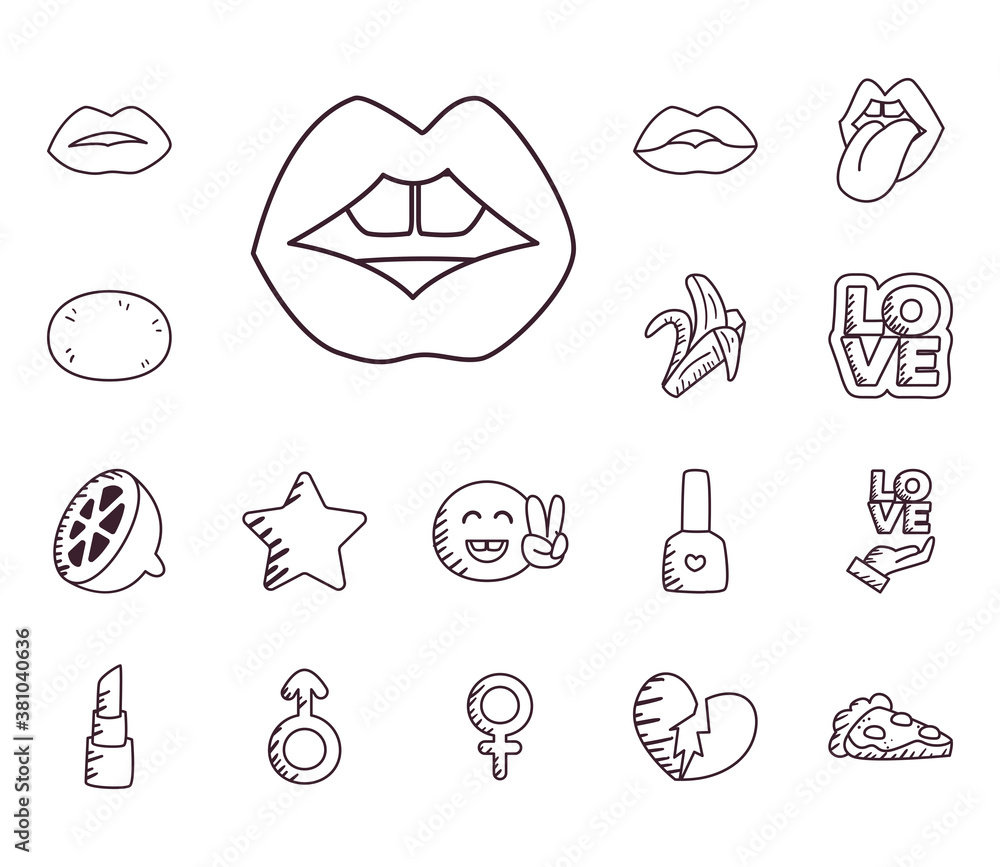 Poster pop art line style set of icons vector design