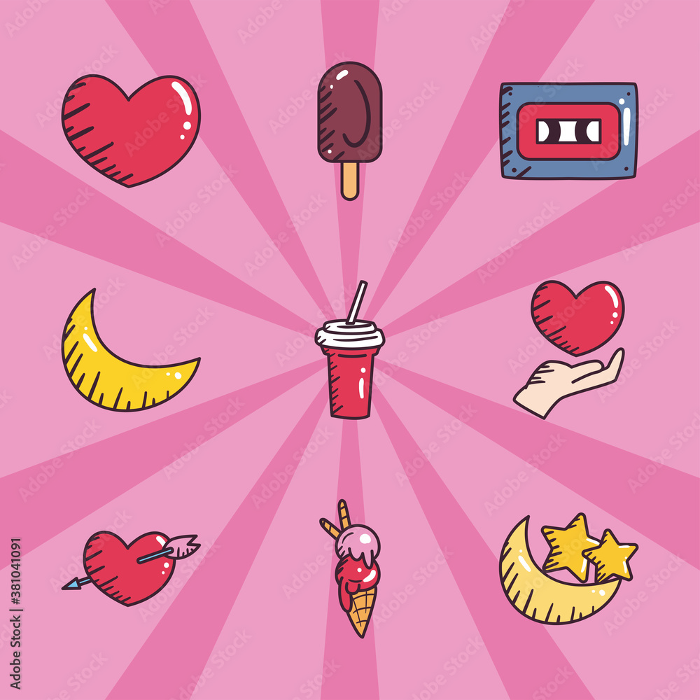 Poster pop art line and fill style icons collection vector design