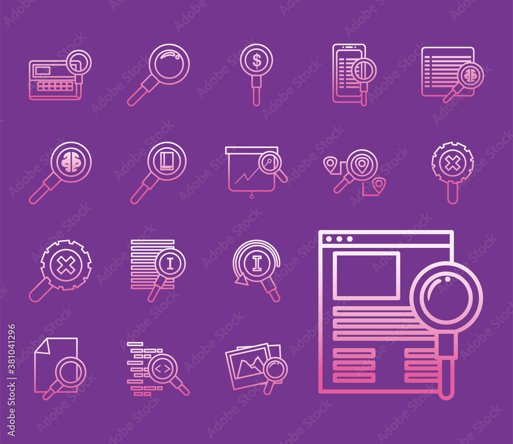 Poster search line style set of icons vector design