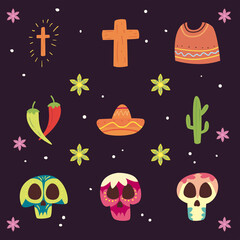 Fototapeta premium Mexican day of deads free form style icon set vector design