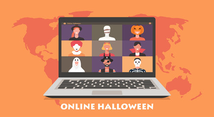 Online Halloween party from around the world concept on laptop screen, people in horror costumes have video conferencing and spending time together to celebrate festival, vector flat illustration