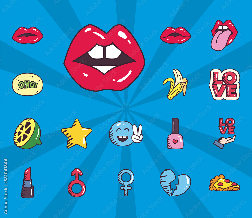Poster pop art line and fill style set of icons vector design