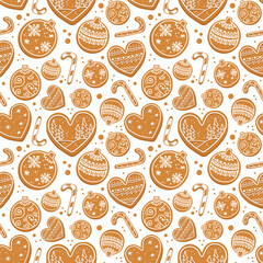 Vector christmas decorated ginger cookies, gingerbread with icing. Hearts, sugar cane, ball. Seamless pattern on white background