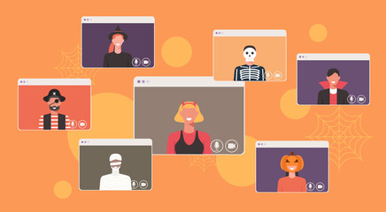 Online Halloween party concept, people in different costumes connecting and discussing together on video call, vector flat illustration