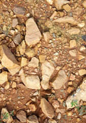 Wet ground, yellow soil, there are many small stones, details of the texture