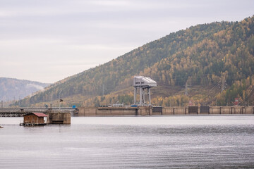 View of the hydroelectric dam on the Yenisei River