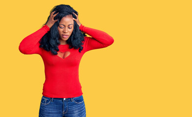 Beautiful african american woman wearing casual clothes with hand on head for pain in head because stress. suffering migraine.