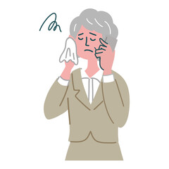 スーツ　女性　シニア　士業　携帯電話　スマホ　悩んでいる　冷や汗
