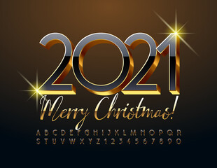 Vector elegant card Merry Christmas 2021! Shiny Black and Gold Font. 3D elite Alphabet Letters and Numbers set